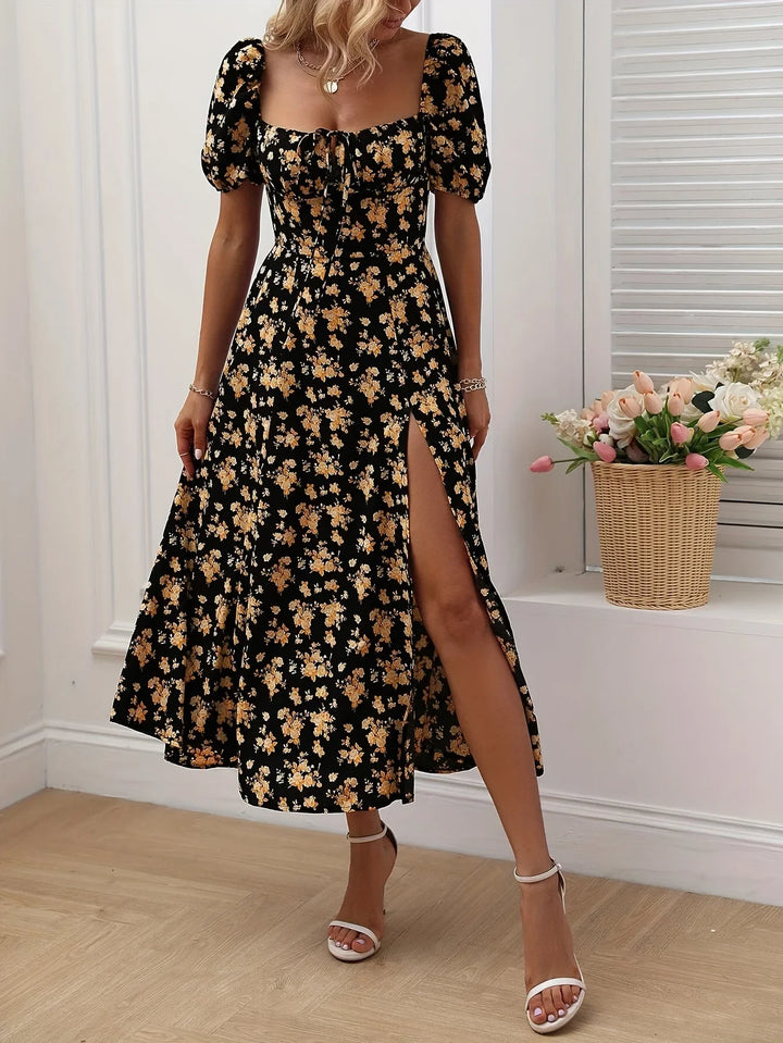 Maxikleid für Damen - Vintage Maxikleid mit Blumenmuster und Korsett-Detail