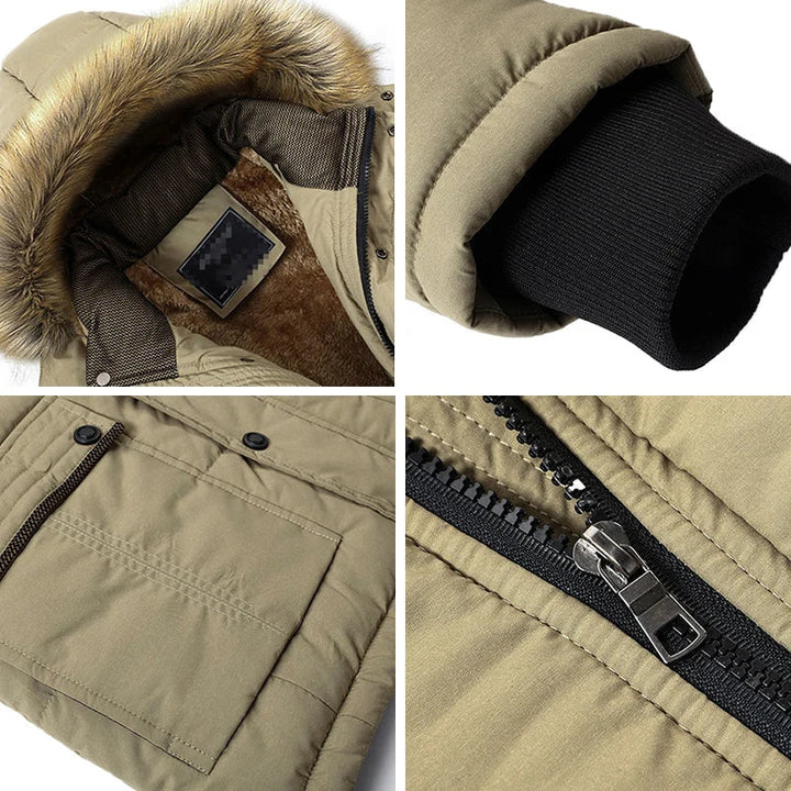 Beige Winterjacke mit Kunstfellkapuze, Reißverschluss, geripptem Bündchen und Reißverschlusstasche. Warme Herrenjacke für kalte Temperaturen.