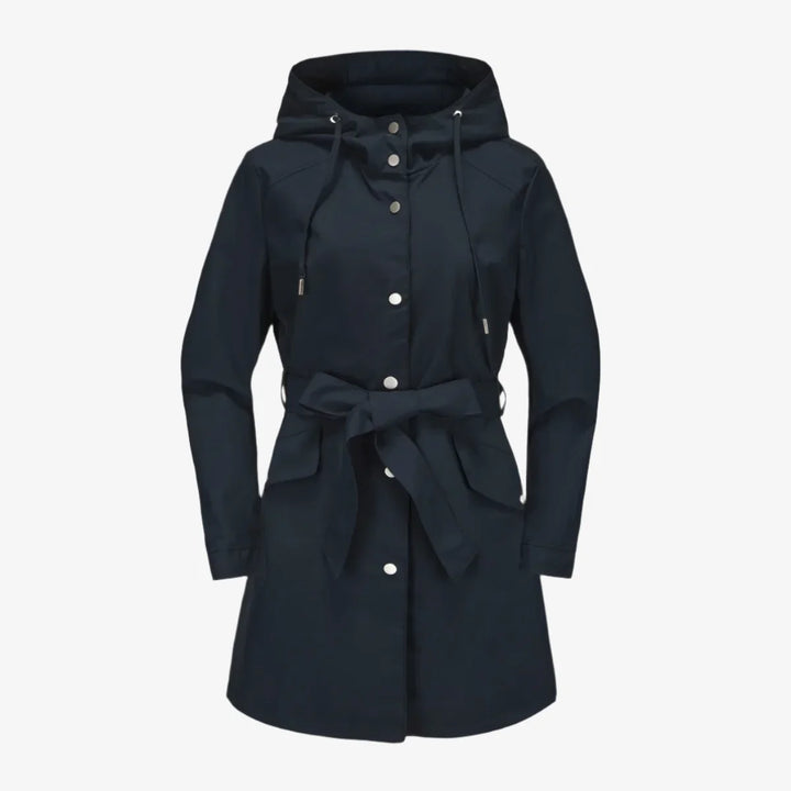 Regenjacke für den Herbst -  Wasserfeste Knielange Übergangsjacke mit Gürtel und Kapuze für Damen