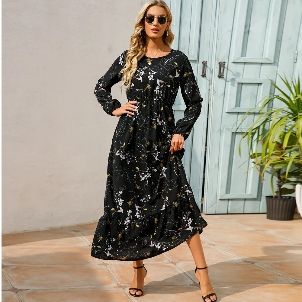 Maxikleid für Damen - Elegante Sommerkleid mit Blumenmuster und langen Ärmeln
