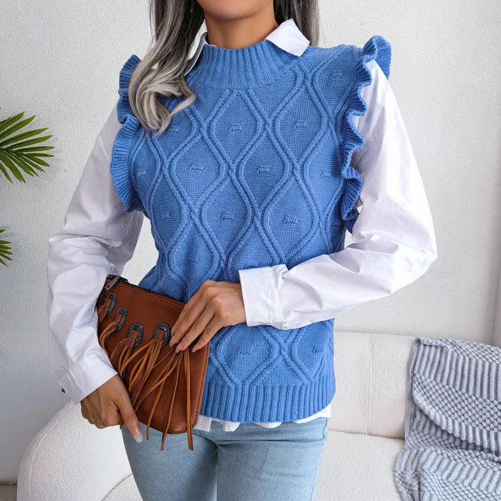 Pullunder für den Herbst - Ärmellose Strickpullover mit Zopfmuster und hohem Stehkragen für Damen
