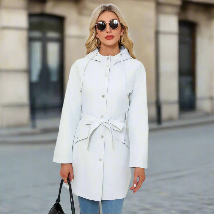 Regenjacke für den Herbst -  Wasserfeste Knielange Übergangsjacke mit Gürtel und Kapuze für Damen