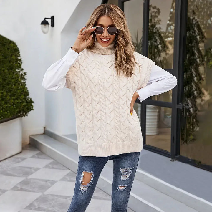 Pullunder für den Herbst - Ärmellose Rollkragenpullover mit Zopfmuster für Damen