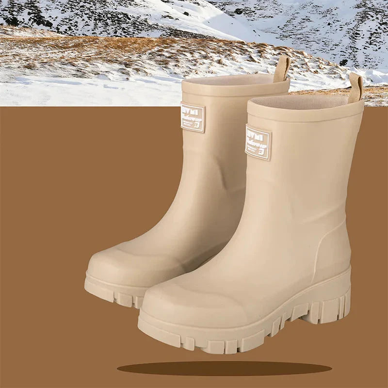 Regenstiefel für den Herbst - Schwarze Chelsea Gummistiefel mit Blockabsatz und Profilsohle für Damen