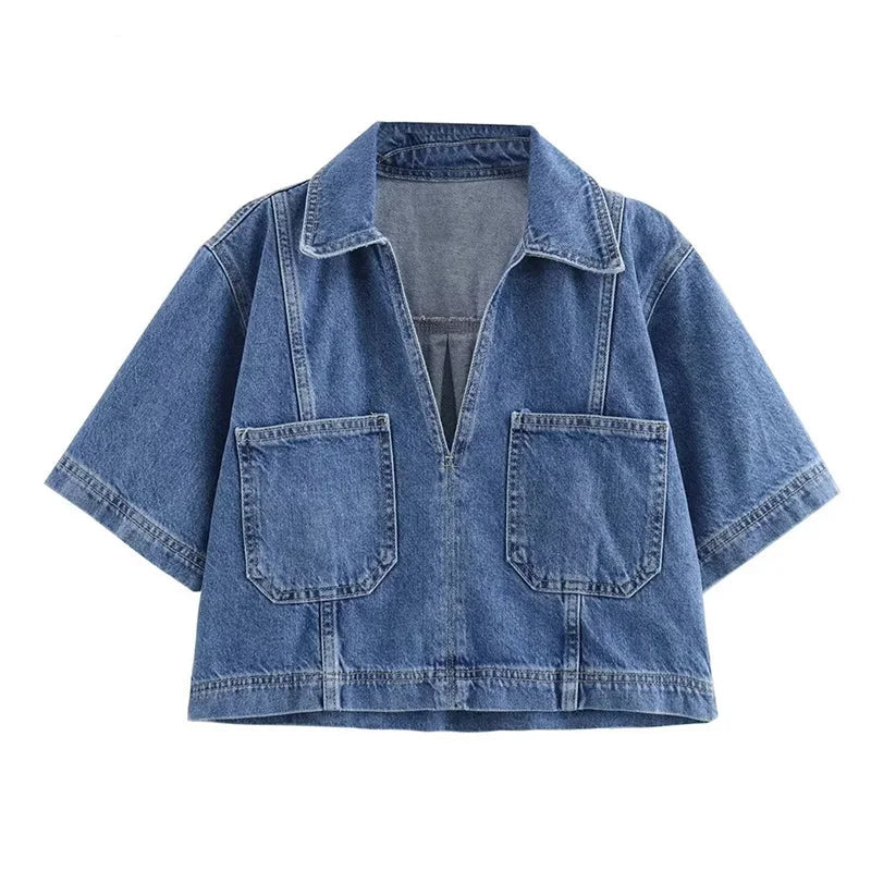 Jeans Zweiteiler Set - Crop Jeanshemd mit Jeansrock