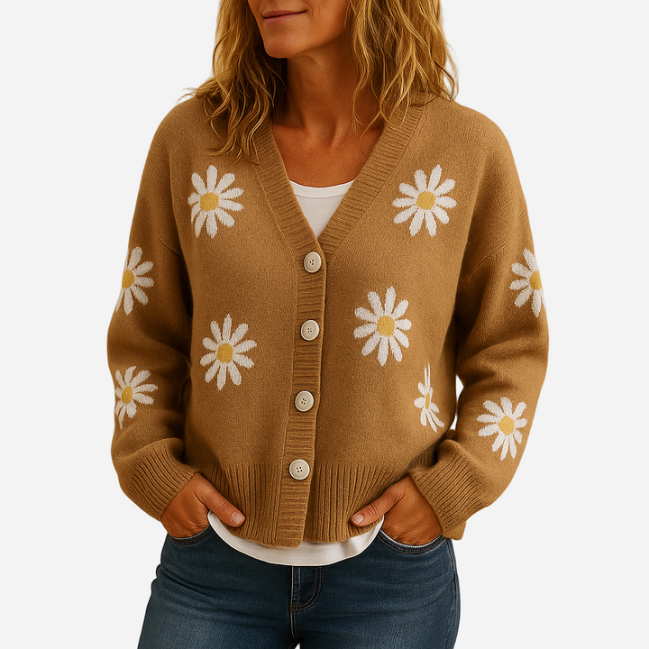 Strickjacke für Damen - Blumenmuster & Knöpfe für den Winter