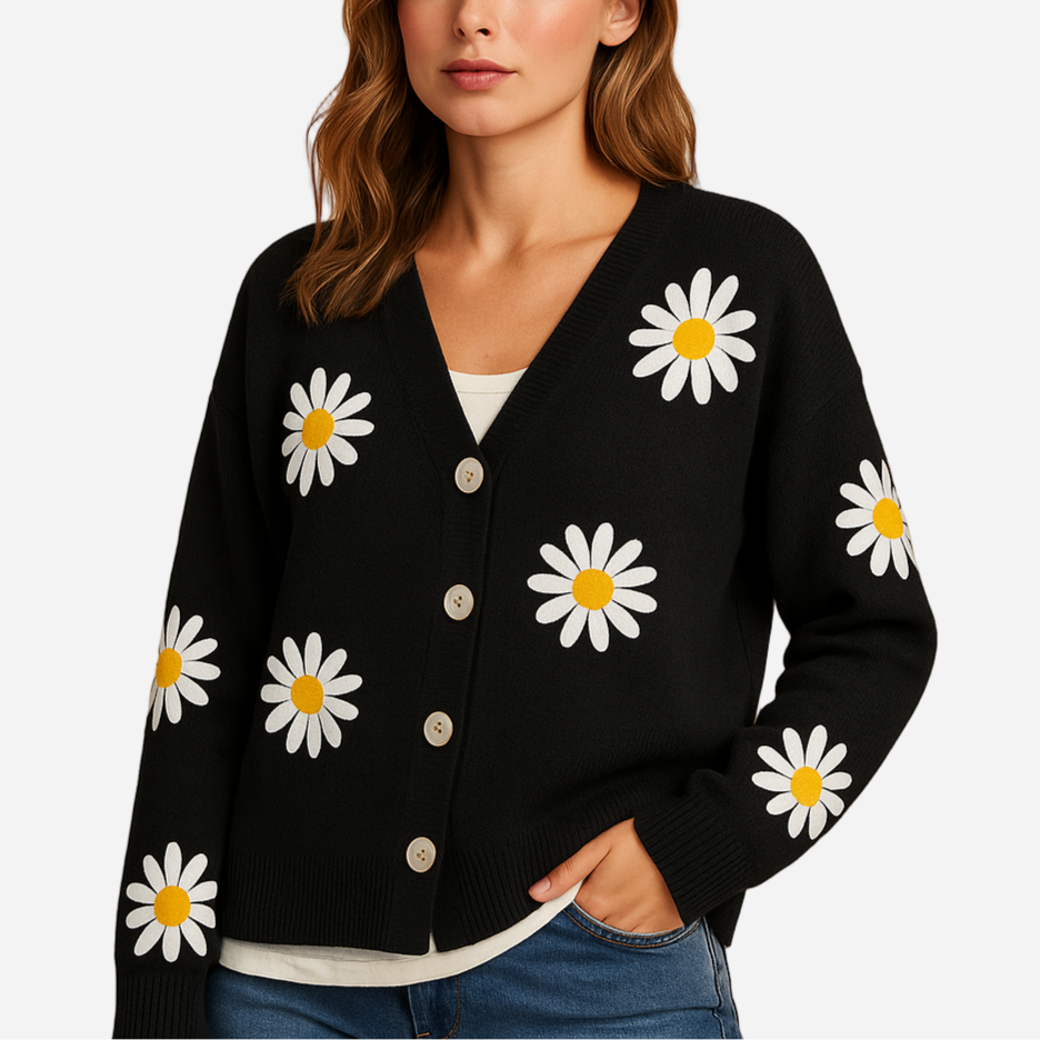 Strickjacke für Damen - Blumenmuster & Knöpfe für den Winter