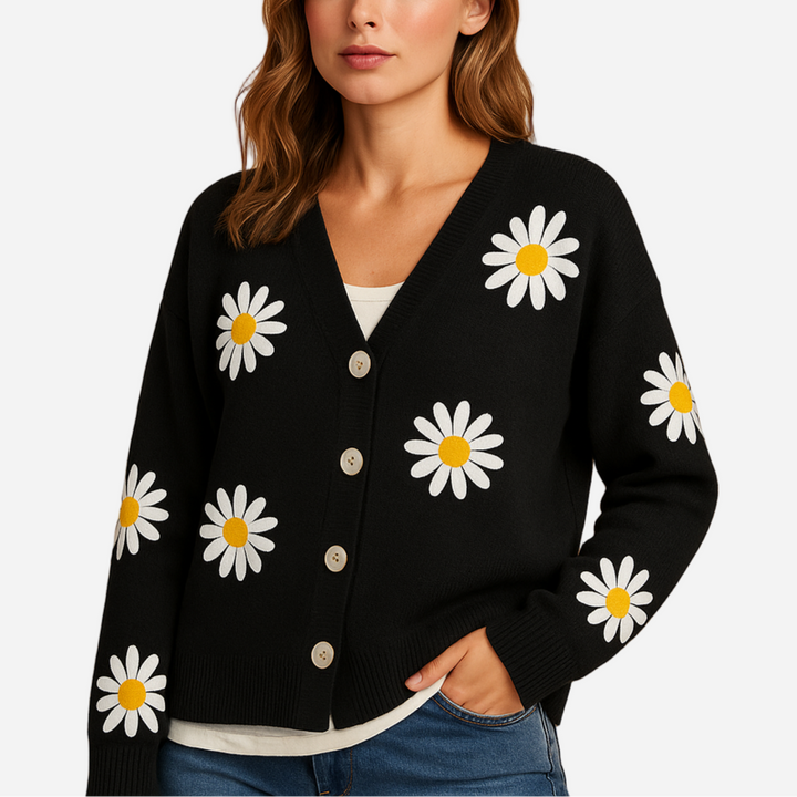 Strickjacke für Damen - Blumenmuster & Knöpfe für den Winter