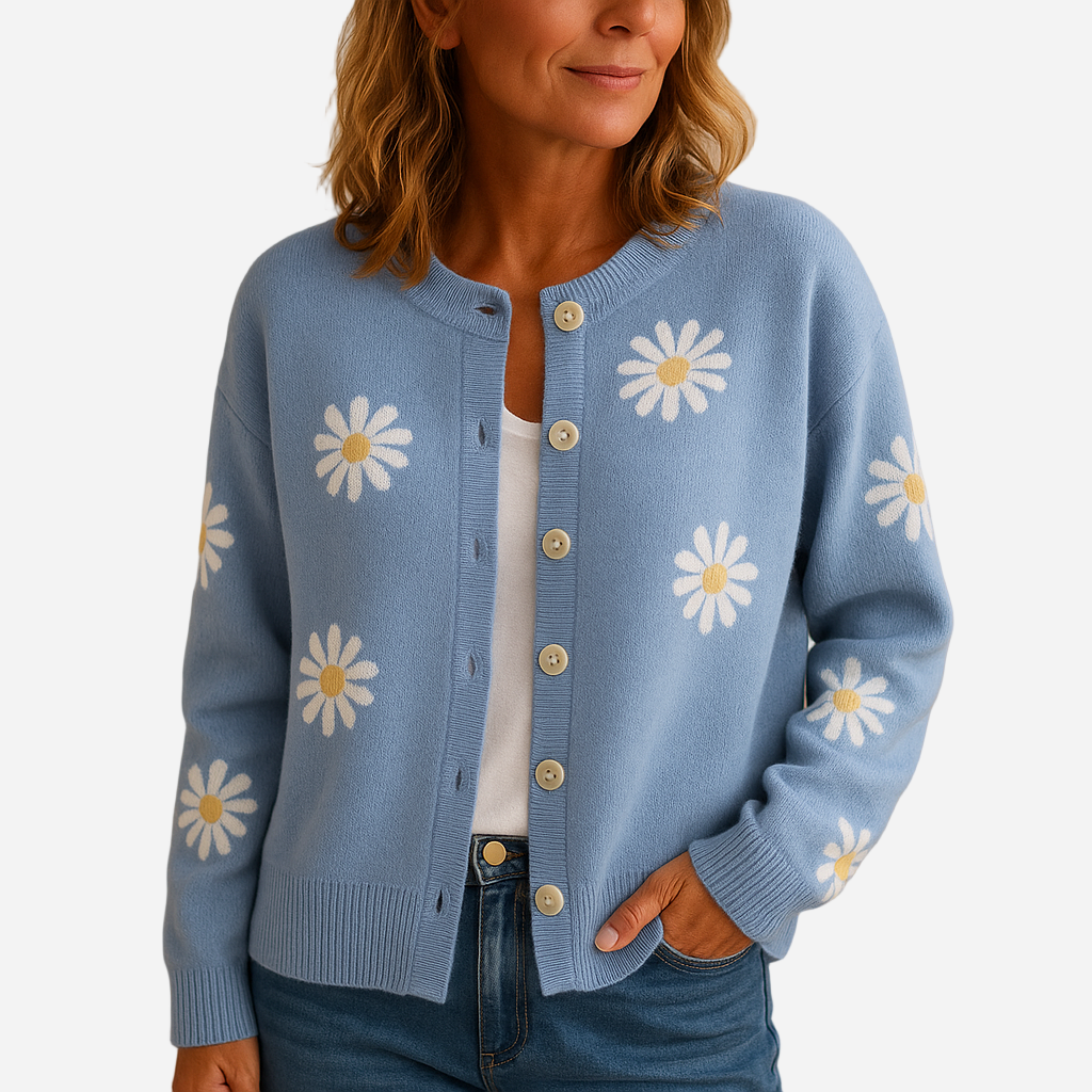 Strickjacke für Damen - Blumenmuster & Knöpfe für den Winter