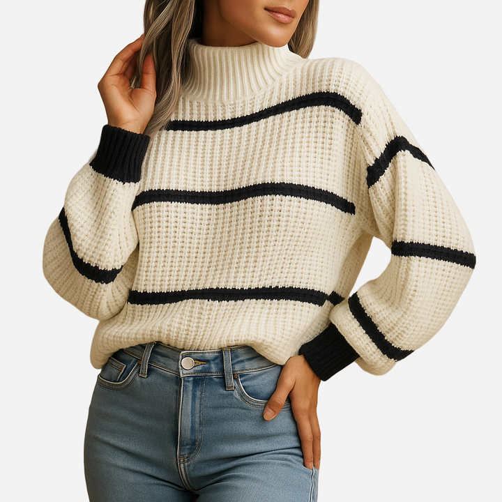 Strickpullover für Damen - Hoher Kragen & Streifen für den Winter