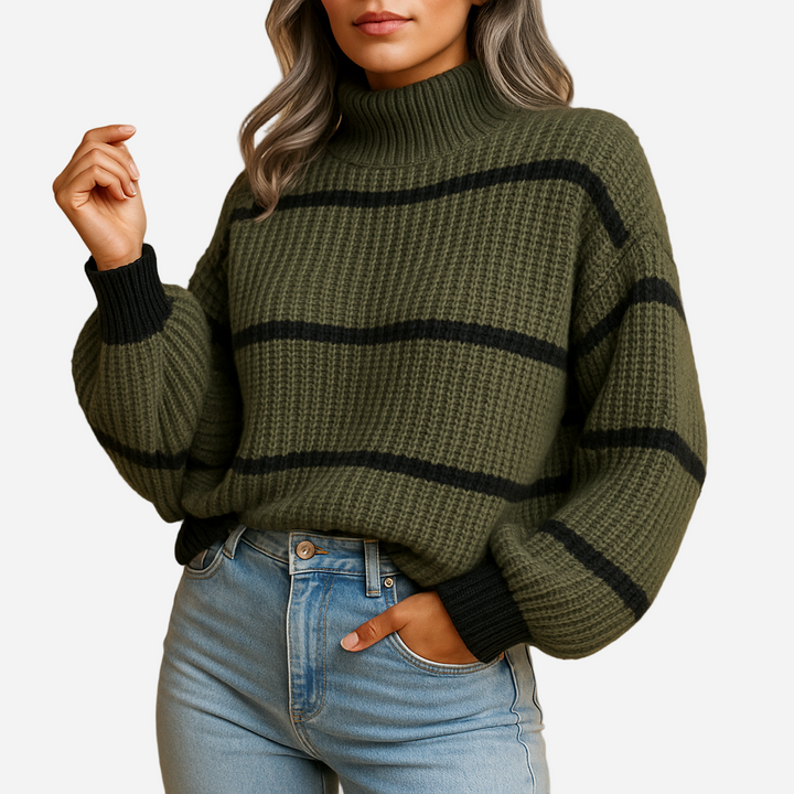 Strickpullover für Damen - Hoher Kragen & Streifen für den Winter