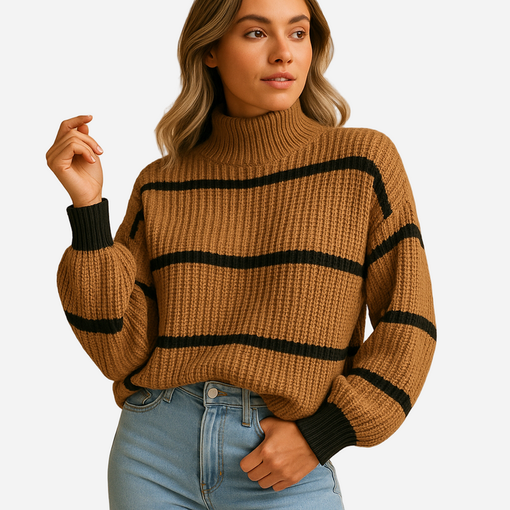 Strickpullover für Damen - Hoher Kragen & Streifen für den Winter