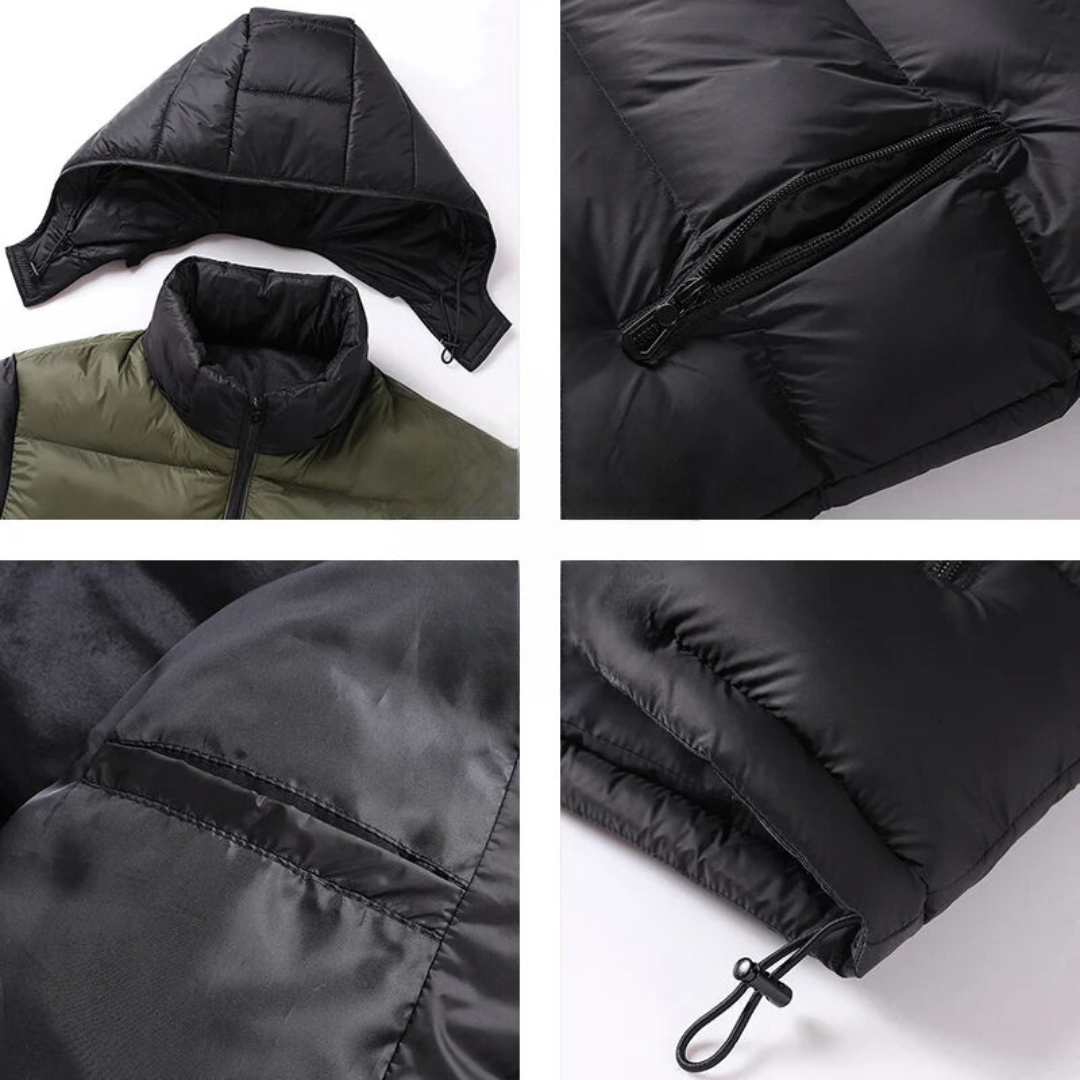 Schwarze Daunenjacke mit abnehmbarer Kapuze, Reißverschlusstaschen und elastischem Saum. Hochwertige Winterjacke für Herren, warm und stilvoll.
