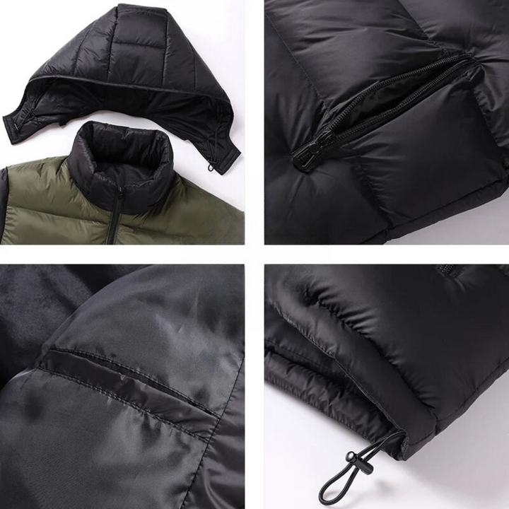 Schwarze Daunenjacke mit abnehmbarer Kapuze, Reißverschlusstaschen und elastischem Saum. Hochwertige Winterjacke für Herren, warm und stilvoll.