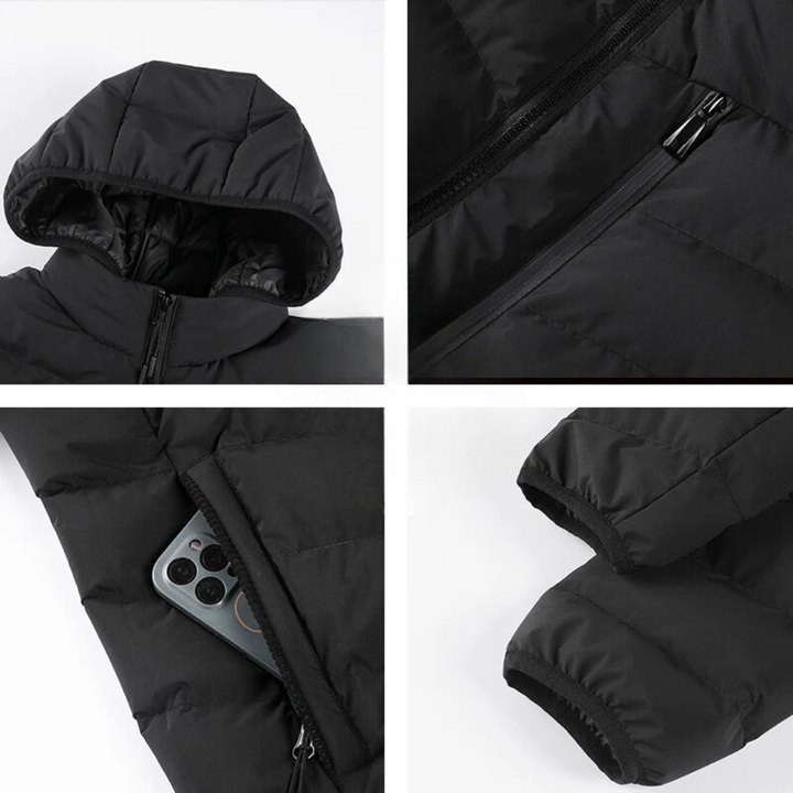 Schwarze Daunenjacke mit Kapuze, Reißverschlusstaschen und elastischen Bündchen. Detailansicht von Smartphone-Tasche und Reißverschluss.