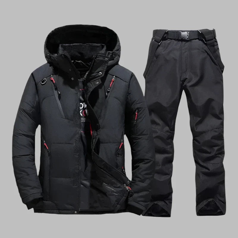 Schwarze Winterjacke und Hose Set, wasserdicht, winddicht, ideal für Outdoor-Aktivitäten, Skifahren, Snowboarden, mit Kapuze und Reißverschlusstaschen.
