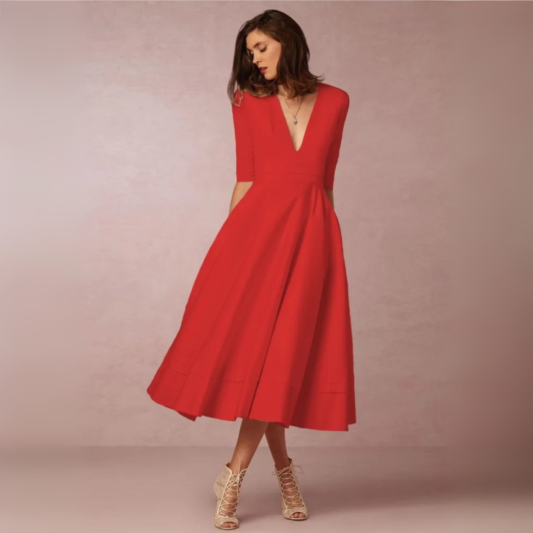 Abendkleid für Damen - Elegantes Midikleid mit V-Ausschnitt