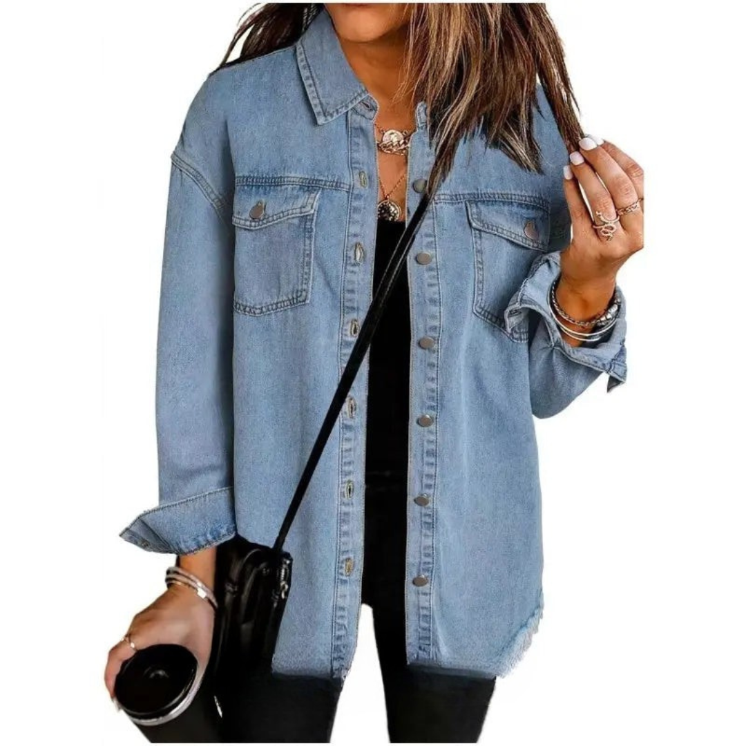 Jeansjacke für das ganze Jahr - Oversized Denim Jacke mit Brusttaschen und Knopfleiste für Damen