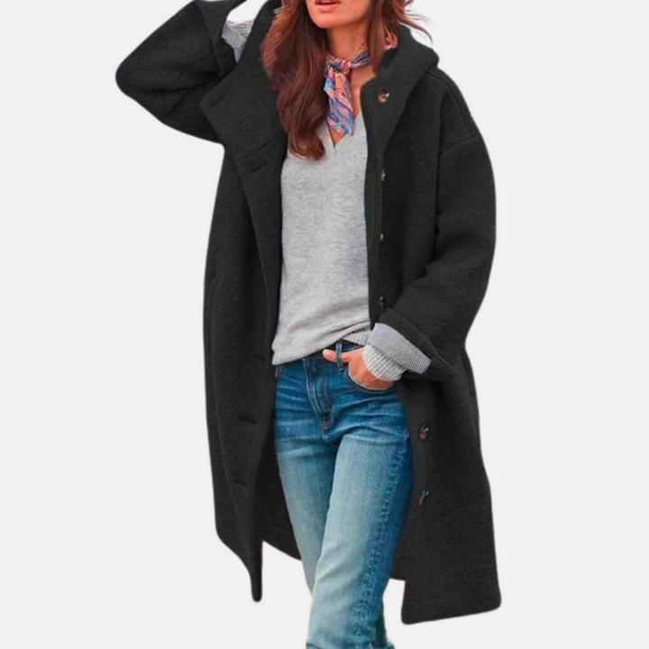 Mantel für Herbst & Winter - Langer Mantel mit Kapuze und Knopfverschluss für Damen