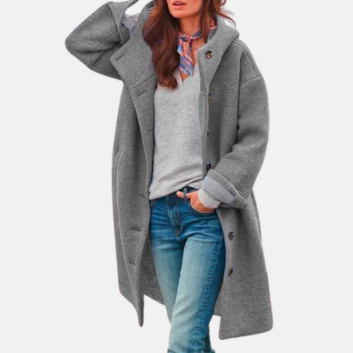 Mantel für Herbst & Winter - Langer Mantel mit Kapuze und Knopfverschluss für Damen