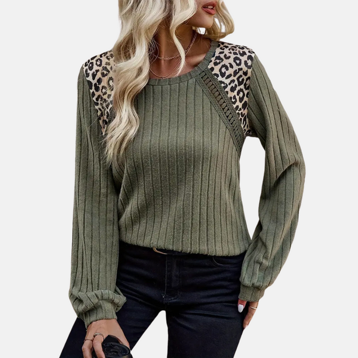 Strickpullover für Herbst & Winter - Rippstrick Sweater mit Leoparden-Details und Rundhals für Damen