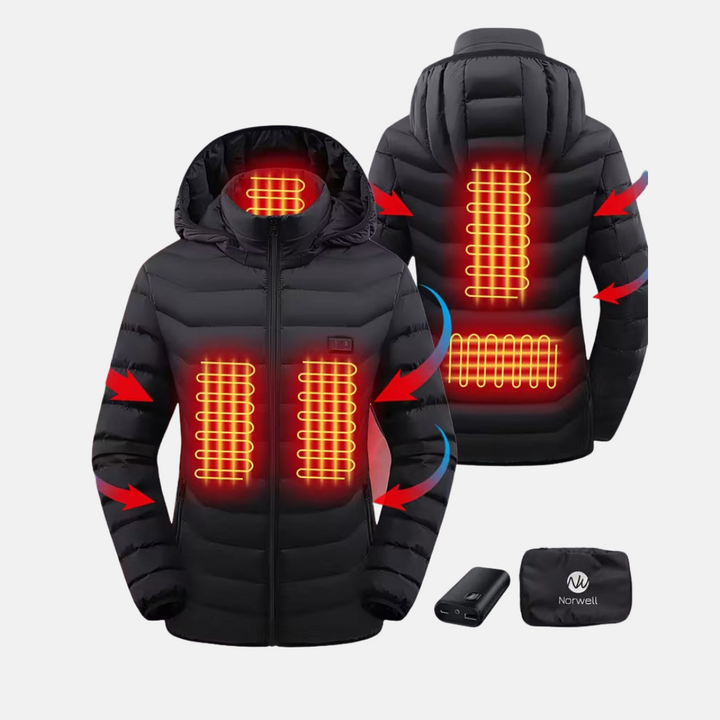 Heizjacke für den Winter - Beheizbare Daunenjacke mit USB-Anschluss und Kapuze für Damen