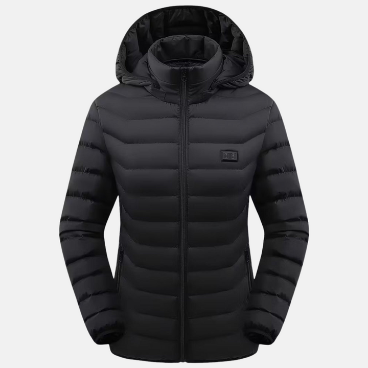 Heizjacke für den Winter - Beheizbare Daunenjacke mit USB-Anschluss und Kapuze für Damen