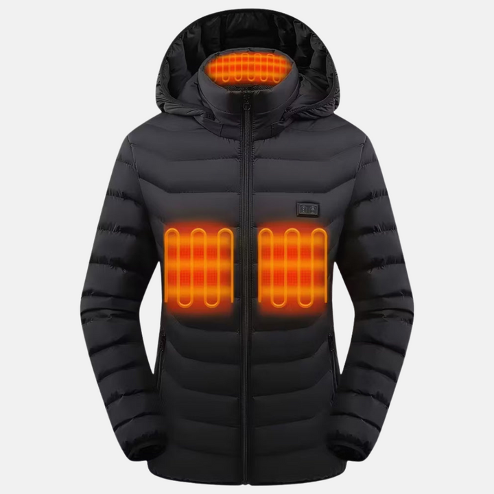 Heizjacke für den Winter - Beheizbare Daunenjacke mit USB-Anschluss und Kapuze für Damen