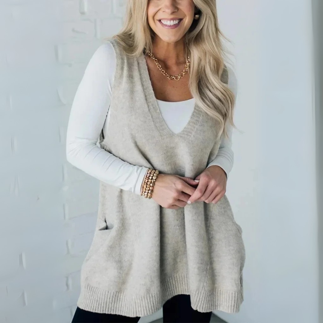 Pullunder für den Herbst - Lange Strickpullover mit tiefem V-Ausschnitt und Seitentaschen für Damen