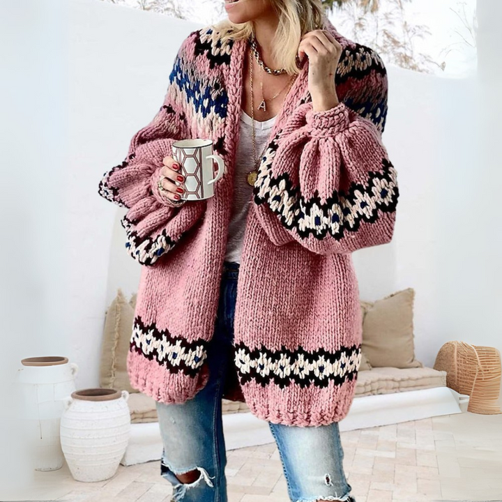 Isabela Cardigan | Leichte bedruckte Jacke mit Lanternärmeln für Damen – lange Variante