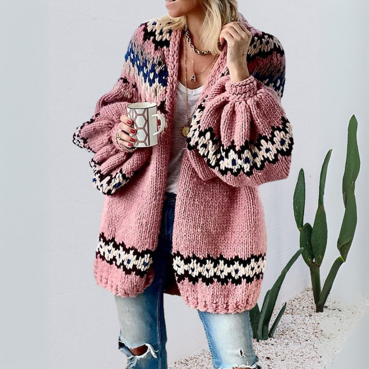 Isabela Cardigan | Leichte bedruckte Jacke mit Lanternärmeln für Damen – lange Variante