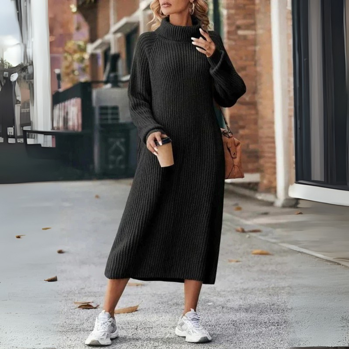 Strickkleid mit Langarm für Damen - Rollkragenpullover Midi Beige für Herbst/Winter