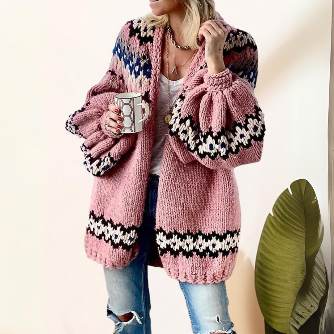 Isabela Cardigan | Leichte bedruckte Jacke mit Lanternärmeln für Damen – lange Variante