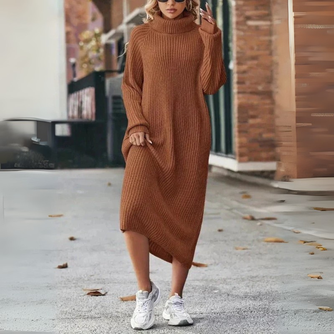 Strickkleid mit Langarm für Damen - Rollkragenpullover Midi Beige für Herbst/Winter