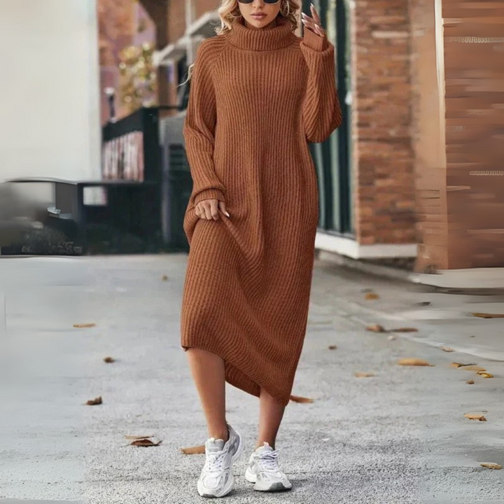 Strickkleid mit Langarm für Damen - Rollkragenpullover Midi Beige für Herbst/Winter