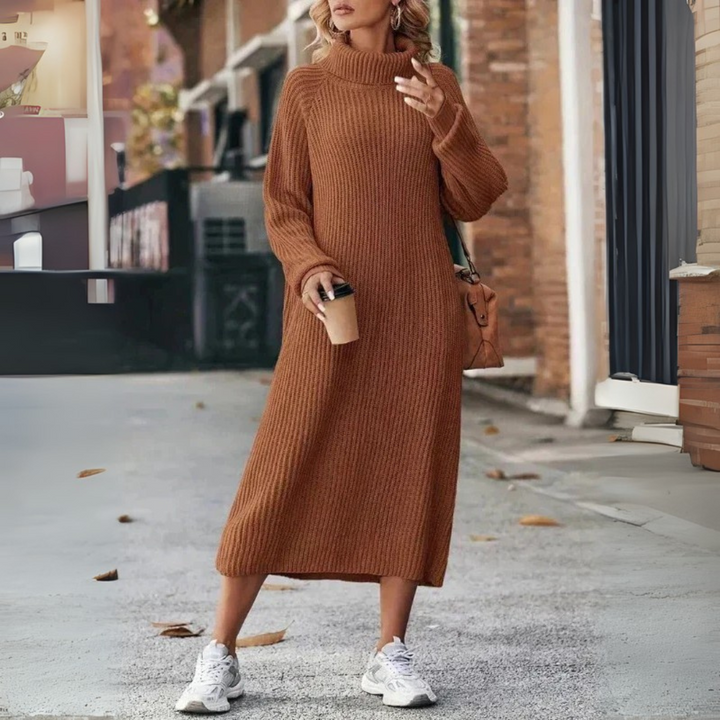 Strickkleid mit Langarm für Damen - Rollkragenpullover Midi Beige für Herbst/Winter