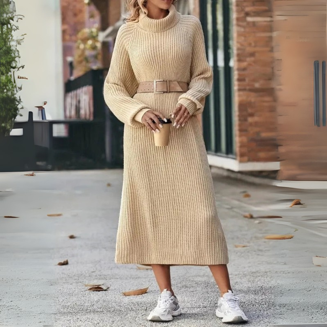Strickkleid mit Langarm für Damen - Rollkragenpullover Midi Beige für Herbst/Winter