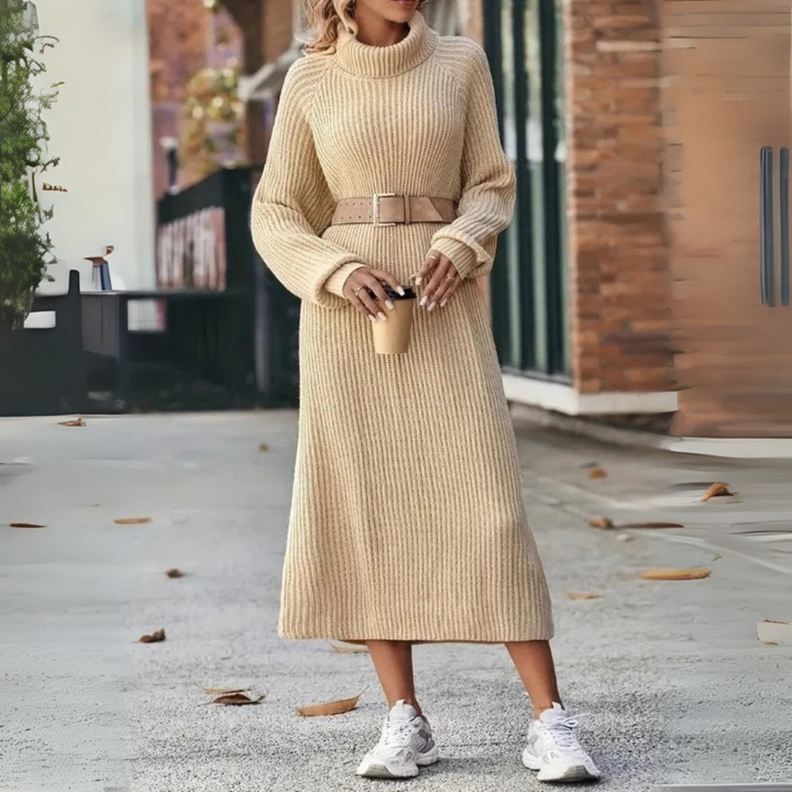 Strickkleid mit Langarm für Damen - Rollkragenpullover Midi Beige für Herbst/Winter