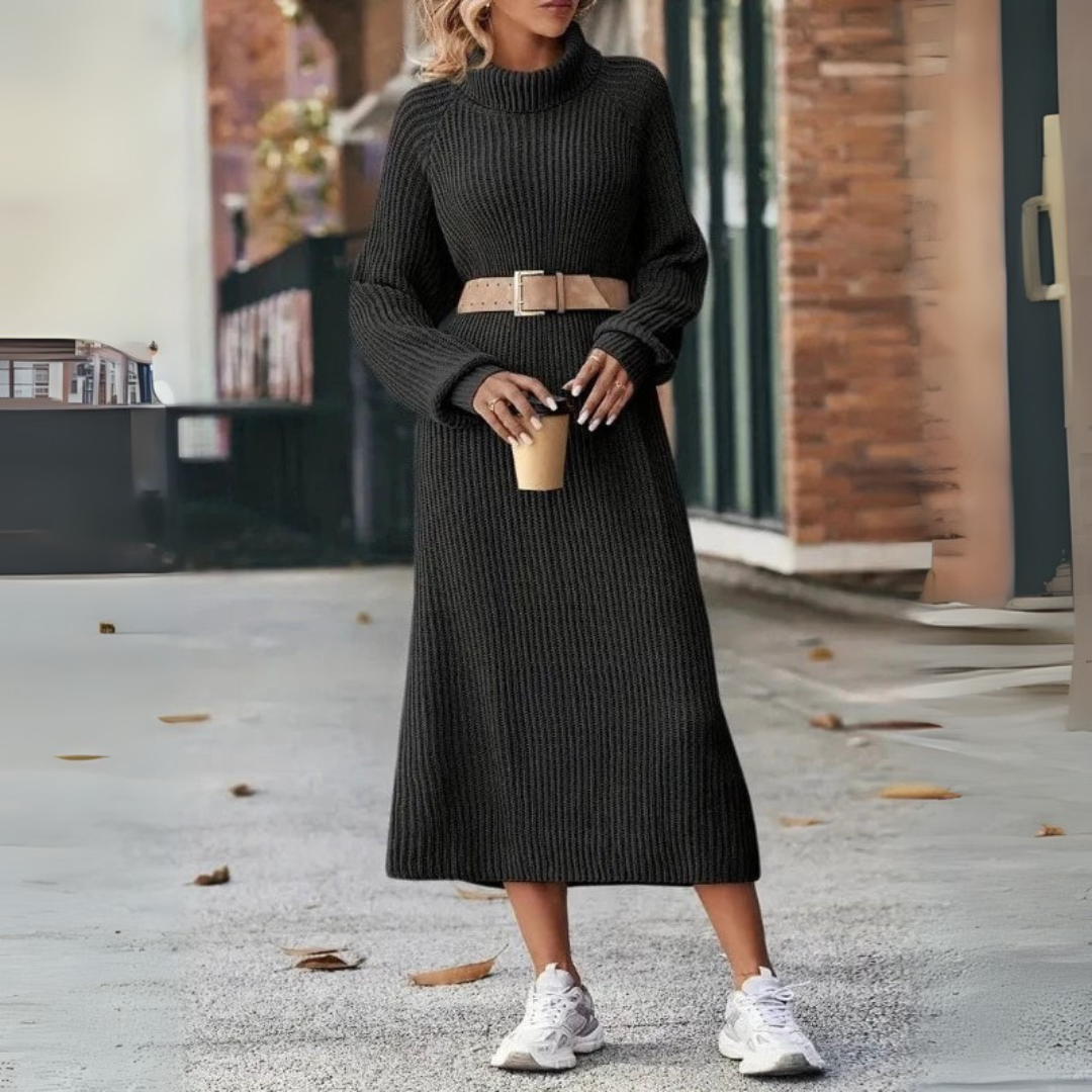 Strickkleid mit Langarm für Damen - Rollkragenpullover Midi Beige für Herbst/Winter
