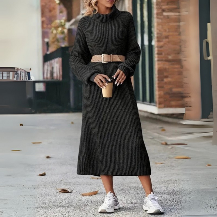 Strickkleid mit Langarm für Damen - Rollkragenpullover Midi Beige für Herbst/Winter