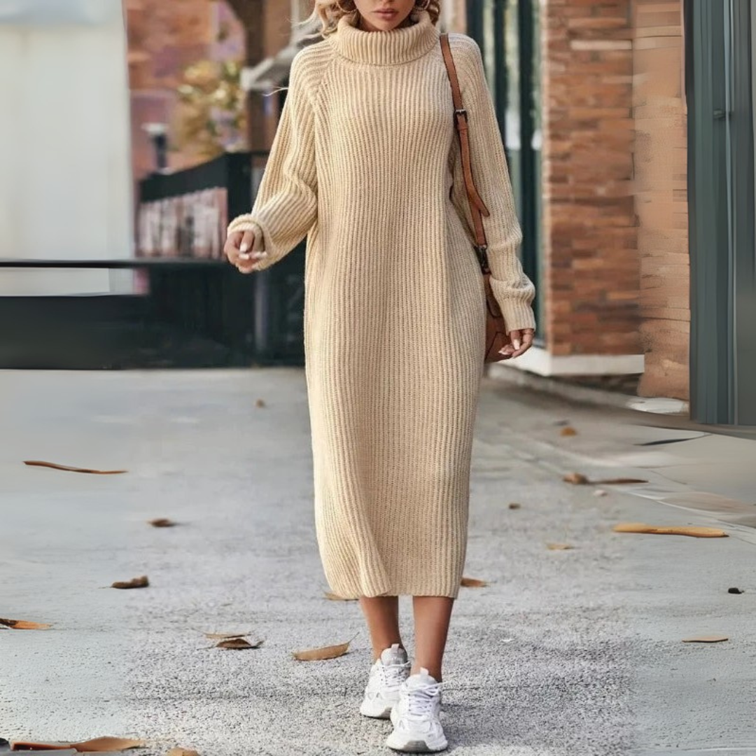 Strickkleid mit Langarm für Damen - Rollkragenpullover Midi Beige für Herbst/Winter