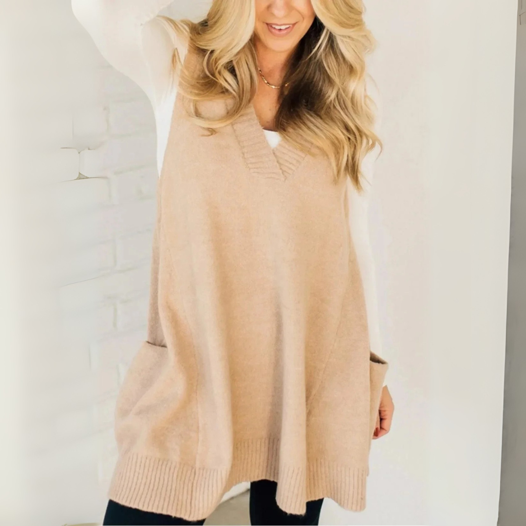 Pullunder für den Herbst - Lange Strickpullover mit tiefem V-Ausschnitt und Seitentaschen für Damen