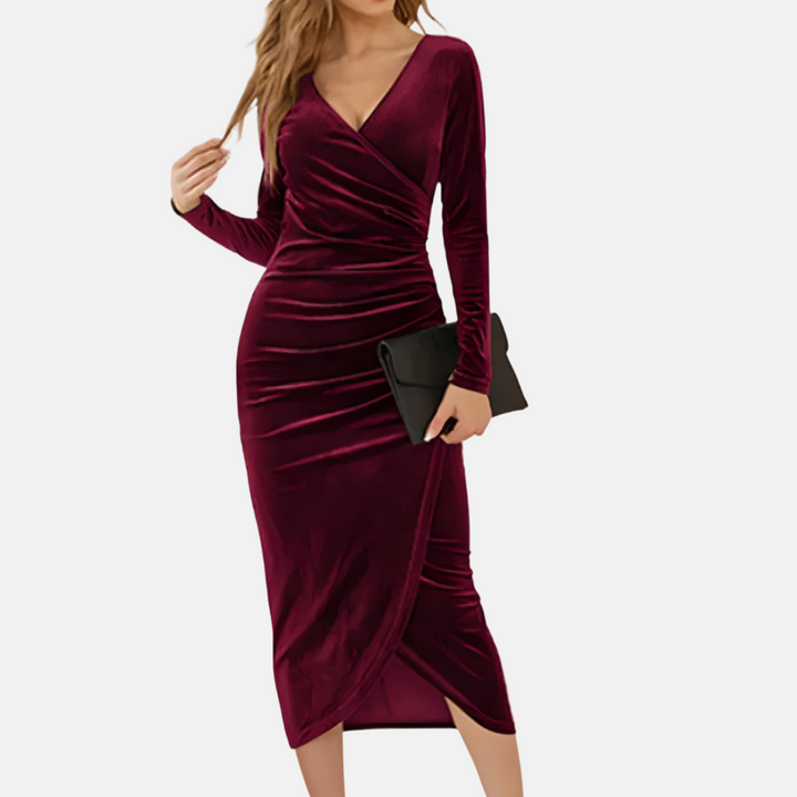 Bodycon Kleid - Elegantes Midi kleid mit Langarm und V-Ausschnitt