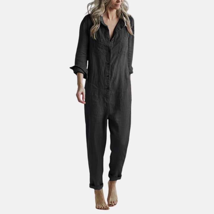 Olivia Jumpsuit | Lässiger Langarm Leinen Overall mit Knopfleiste