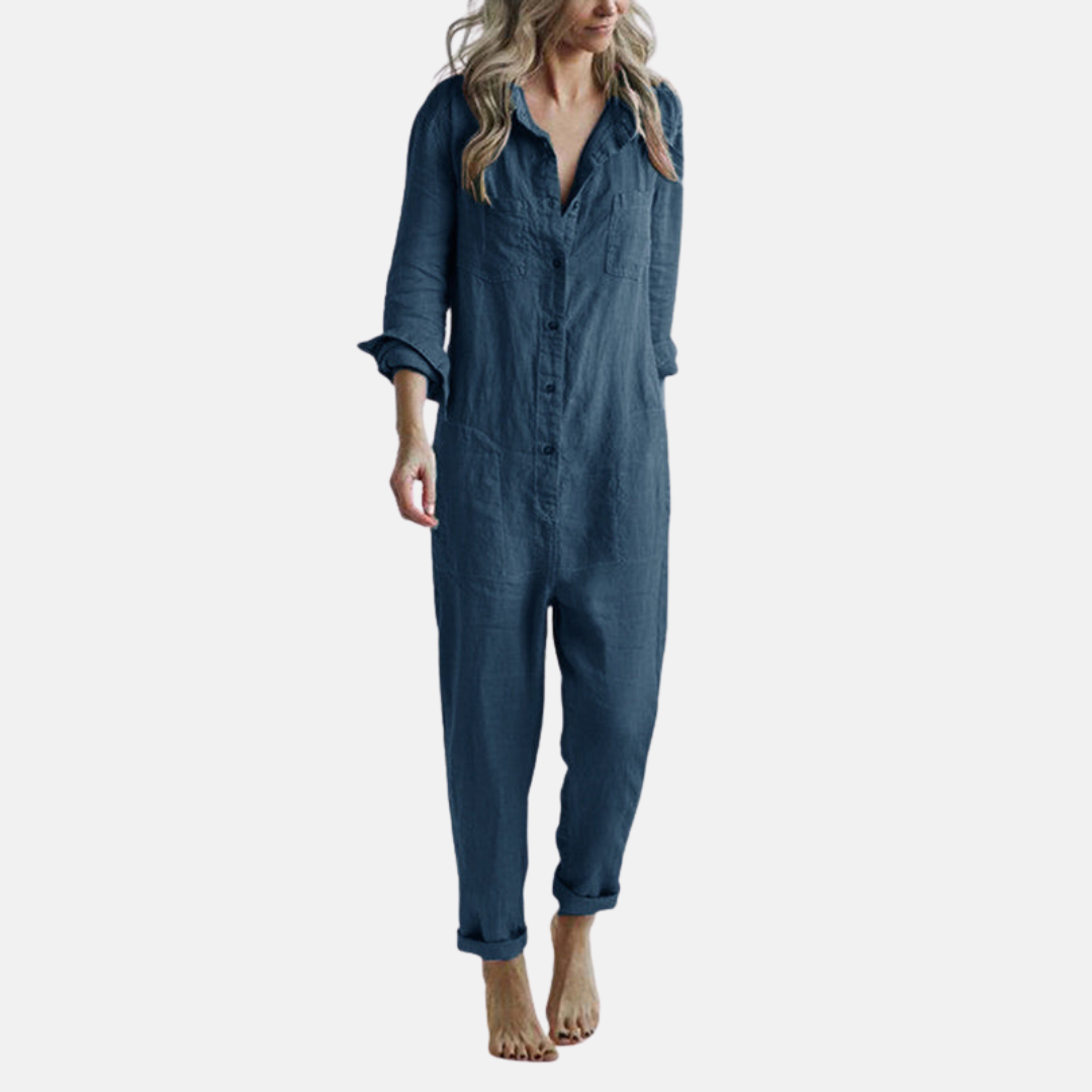 Olivia Jumpsuit | Lässiger Langarm Leinen Overall mit Knopfleiste
