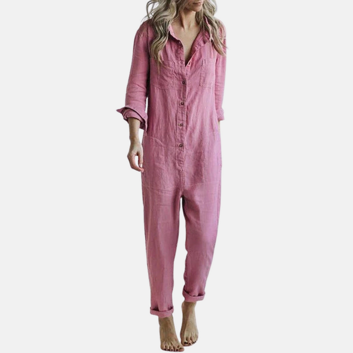 Olivia Jumpsuit | Lässiger Langarm Leinen Overall mit Knopfleiste