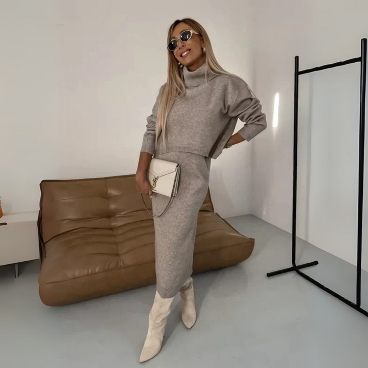 Zweiteiler Strickset für Damen - Eleganter Pullover mit Rollkragen & Midirock - für Herbst/Winter