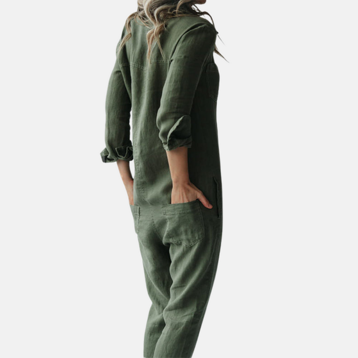 Olivia Jumpsuit | Lässiger Langarm Leinen Overall mit Knopfleiste
