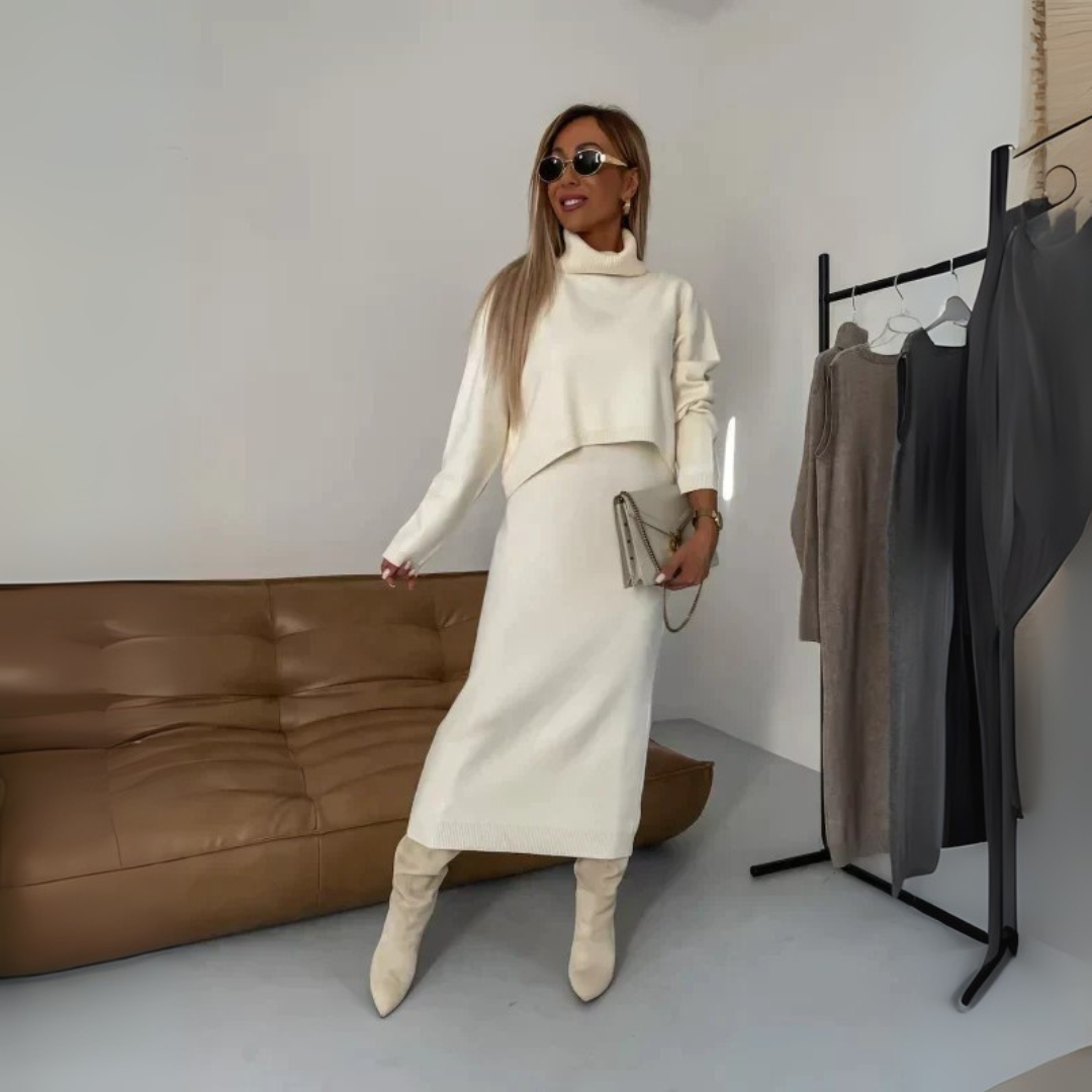 Zweiteiler Strickset für Damen - Eleganter Pullover mit Rollkragen & Midirock - für Herbst/Winter