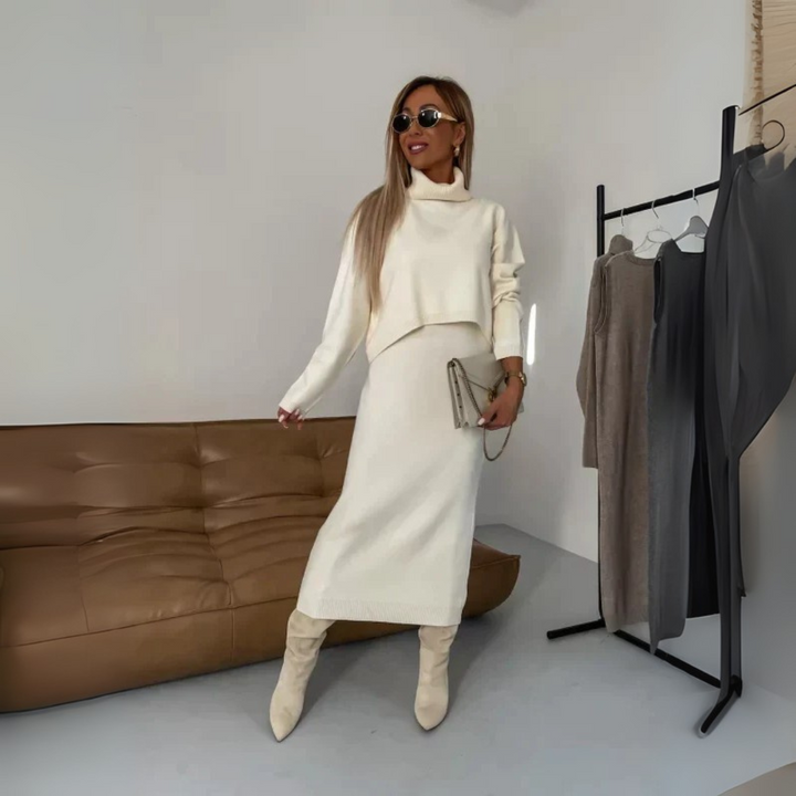 Zweiteiler Strickset für Damen - Eleganter Pullover mit Rollkragen & Midirock - für Herbst/Winter